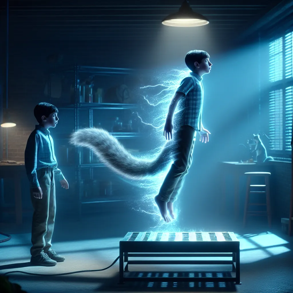 A young boy named Lucas stands on a transformation platform in a basement laboratory, ready to activate the Morphogen Engine—a device designed to allow him to transform into an anthropomorphic flying squirrel. The room is bathed in blue light as Lucas undergoes a seamless metamorphosis, his body shifting and reshaping to resemble that of a squirrel. He collapses onto all fours but quickly adapts to his new form, embracing the freedom and beauty of his newfound abilities. As he soars through the 