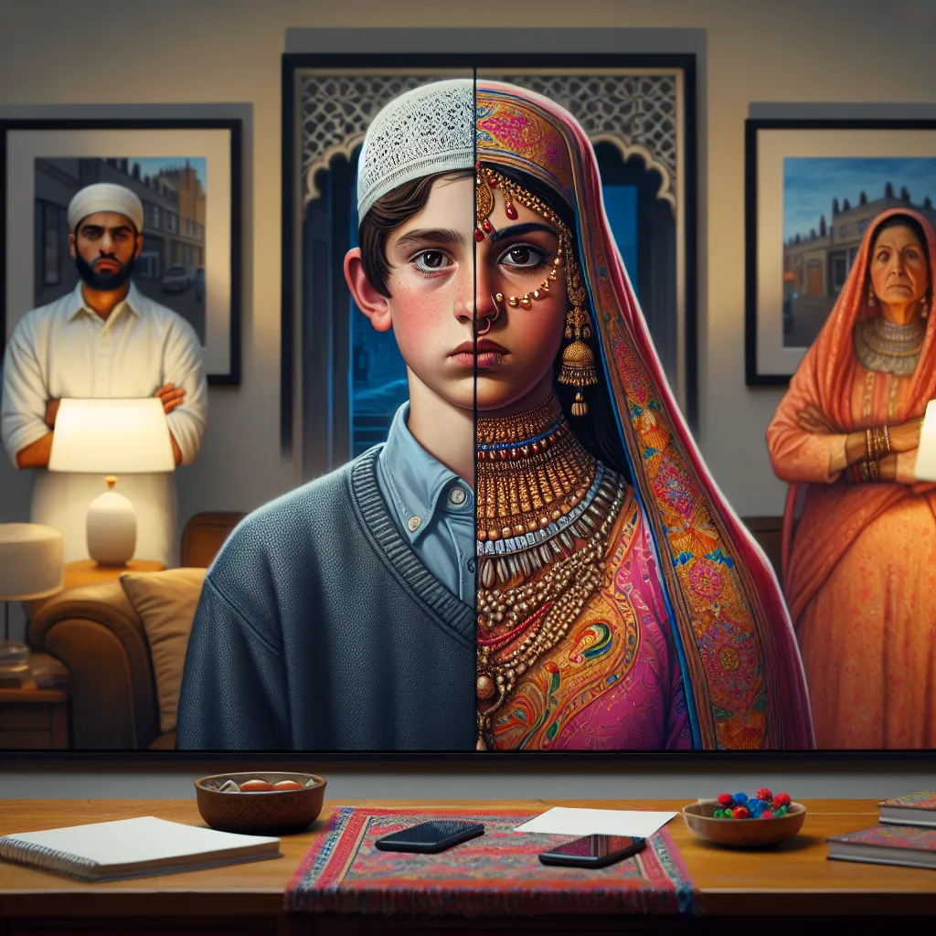 In this image, a young boy named Max Stevens is transformed into a Muslim woman named Fatimah. She is seen wearing a traditional gown and a niqab, adorned with jewelry and Islamic symbols. Max's transformation causes a deep divide between his friend Aisha's family, who are devout Muslims, and his own family. The image captures the tension and cultural differences in the room as the families engage in a heated discussion.