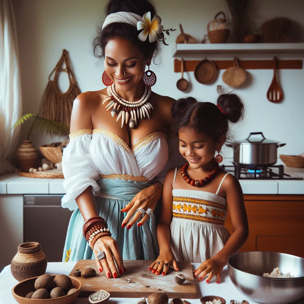 A mother and daughter, Malina and Lila, stand in a kitchen cooking a traditional Samoan dish together. Malina, dressed in a white blouse and a light blue skirt with yellow embroidery, is a Samoan Islander with black hair tied in a bun and brown eyes. She is wearing red flip-flops with beaded straps and has bright red nails. Malina wears seven pieces of traditional jewelry, including a wedding ring, a shell necklace, a bracelet with wooden beads, gold hoop earrings, a silver anklet, a jade pendan