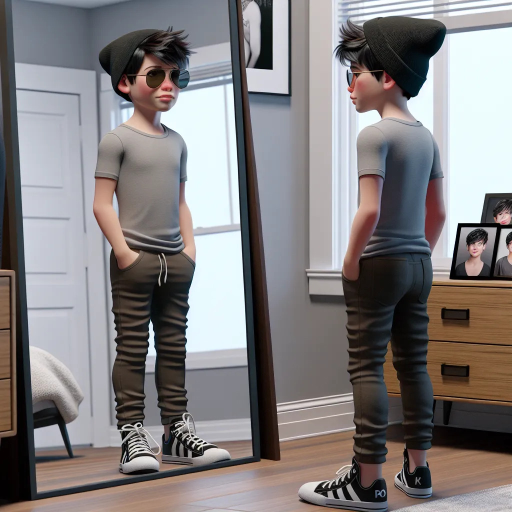 Description: The image depicts a young boy standing in front of a mirror, dressed in a skin-tight t-shirt, leggings, and sneakers. He is wearing sunglasses and a beanie with the Playboy bunny logo. The boy looks confused and startled as he gazes at his reflection, which now shows the image of a young woman with thick makeup and jet black hair. The room around him is tastefully decorated with modern furniture, and there are photographs on the dresser and nightstand.