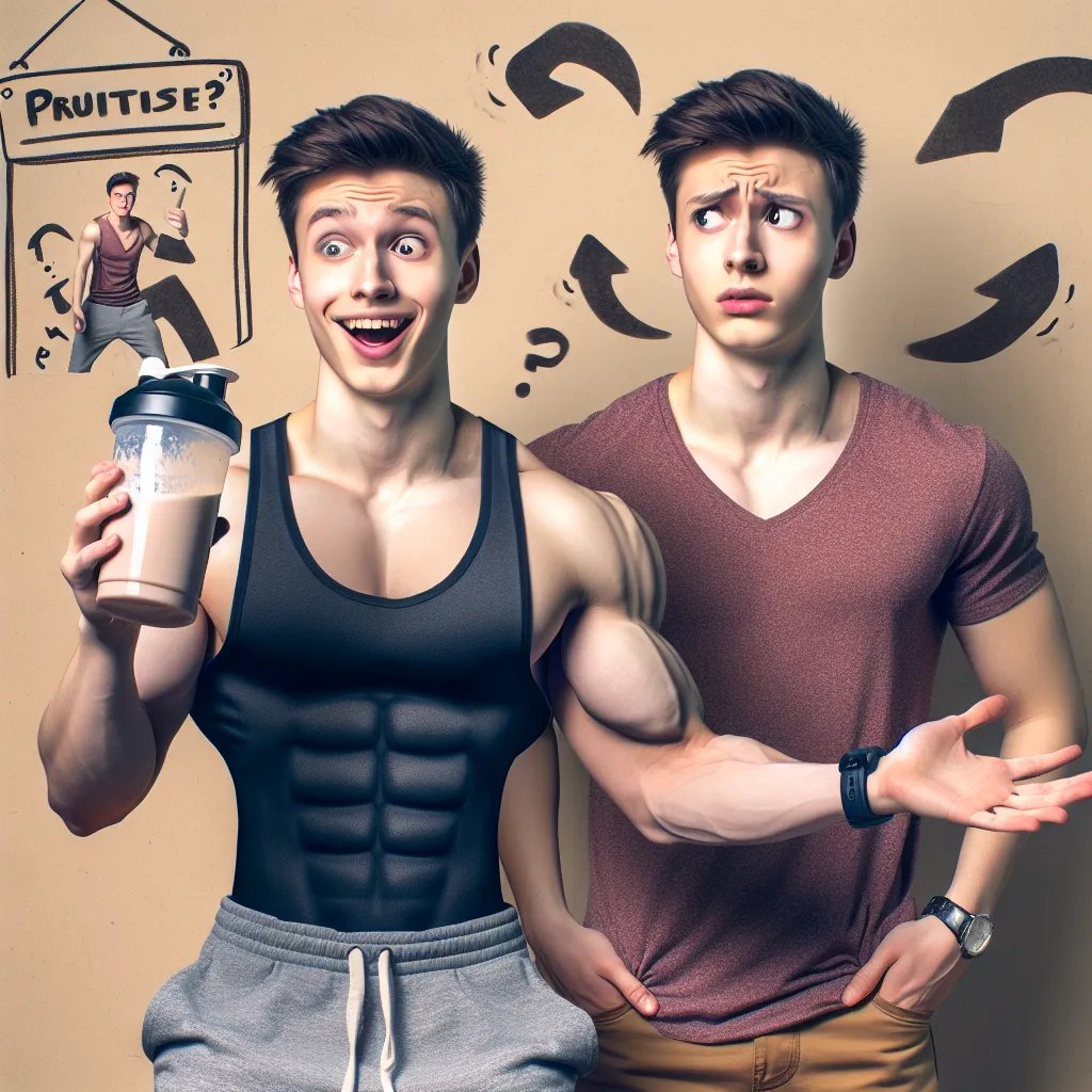 The image could feature two teenage friends, Max and Jake, standing together in a slightly comedic pose. One of them, Jake, is portrayed in the body of Max's mother, wearing fitness attire and holding a protein shake, with a big grin on their face. Max looks both confused and amused, raising an eyebrow and holding up his hands in a "what is happening?" gesture. The background could have elements representing FitSwap, such as a logo or a sign advertising the body-swapping service.