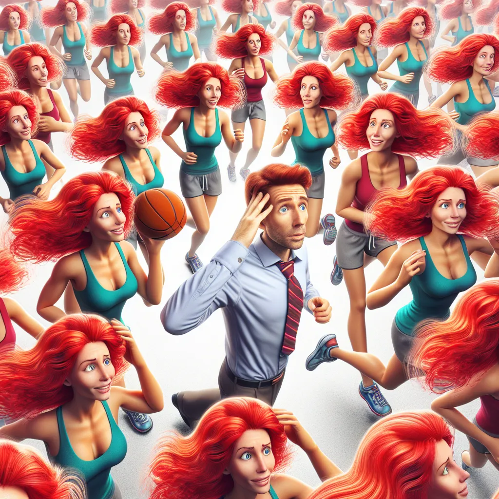 An image showing a man surrounded by multiple identical clones of a woman with vibrant red hair and curves. The man's expression is a mix of surprise, amusement, and slight concern as he navigates through the crowd of clones. The clones can be seen engaging in various activities such as playing basketball, twerking, jogging, and having conversations. The overall tone of the image is humorous and whimsical, capturing the fantastical scenario described in the story.