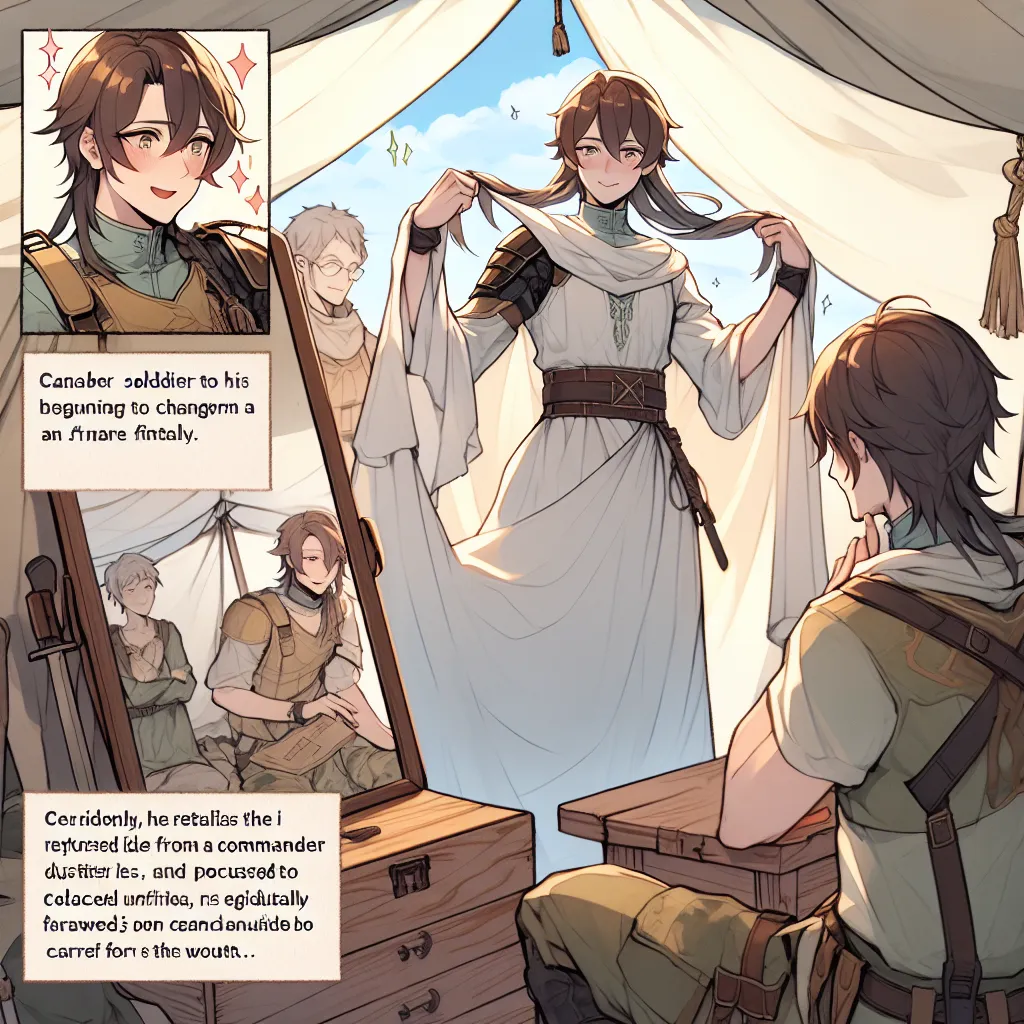 An image of a young soldier named Alm transforming into a delicate, feminine appearance in his tent, wearing white, lacy panties, a short skirt, a midriff-baring top, and Celica's armor draped over his torso. Alm gazes at his reflection in a makeshift mirror, feeling beautiful and young as he dreams of being seen as his true self by Conrad, Celica's brother. Suddenly, Conrad enters the tent and discovers Alm in his transformed state, his eyes widening with surprise. Alm explains nervously, but C