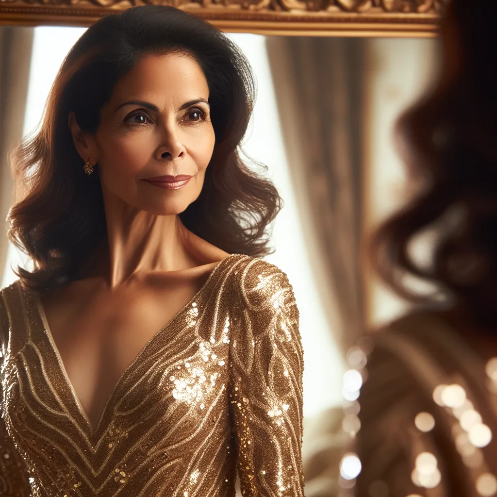 A confident woman in a gold sequined dress stands in front of a mirror, proud and ready to embrace her new life.