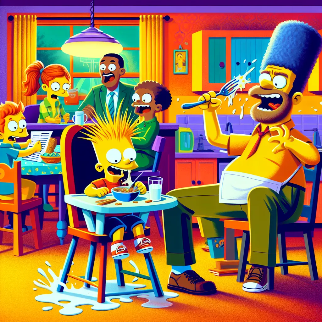 A playful and humorous family scene featuring the Simpsons with a twist: Bart has been transformed into a baby, Maggie is a mature ten-year-old, and Lisa is helping with homework. Homer reacts comically to the chaos, while Maggie manages the situation with impressive skill.