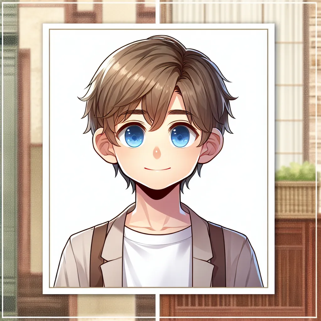 Image description: A young boy with light brown hair, standing at around 3 feet 9 inches tall, and bright blue eyes. He is wearing a simple and neat outfit. The background is a mix of indoor and outdoor elements, symbolizing the transition from his home to his friend's house.