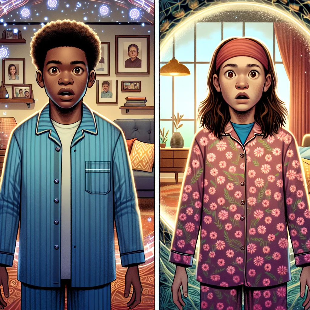 A detailed story in 270 fascinating sentences follows the adventures of Lucas and Emma as they experience an unexpected and mystical body swap overnight, navigating confusion and acceptance with the support of their family.