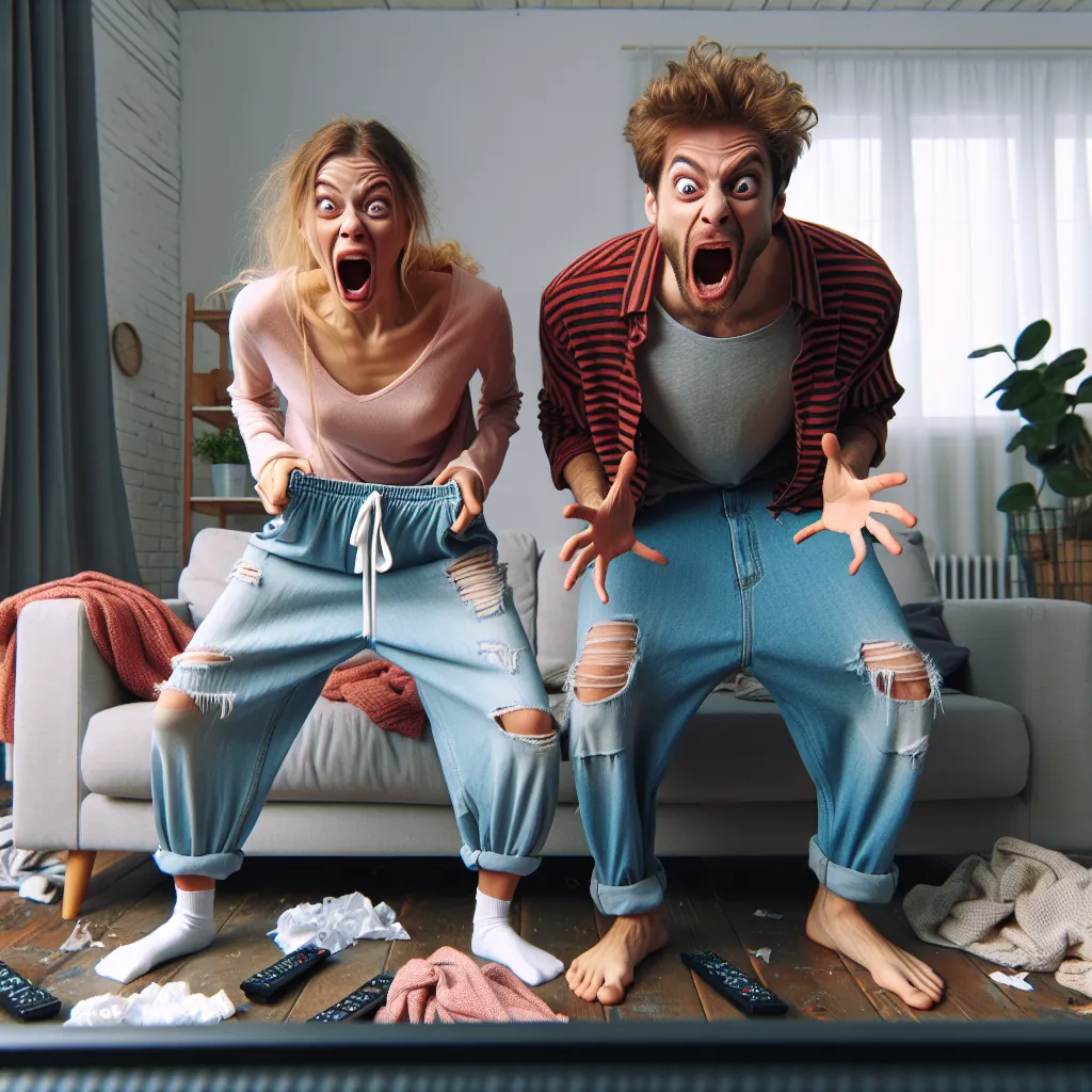 An image of a man and a woman, both with comically exaggerated expressions of shock and amusement, stand facing each other in a messy bedroom. The woman, wearing only her underwear, looks down at her newly acquired body, while the man, now in the woman's body, admires himself in a mirror. Their poses and facial expressions convey a sense of hilarity and disbelief.