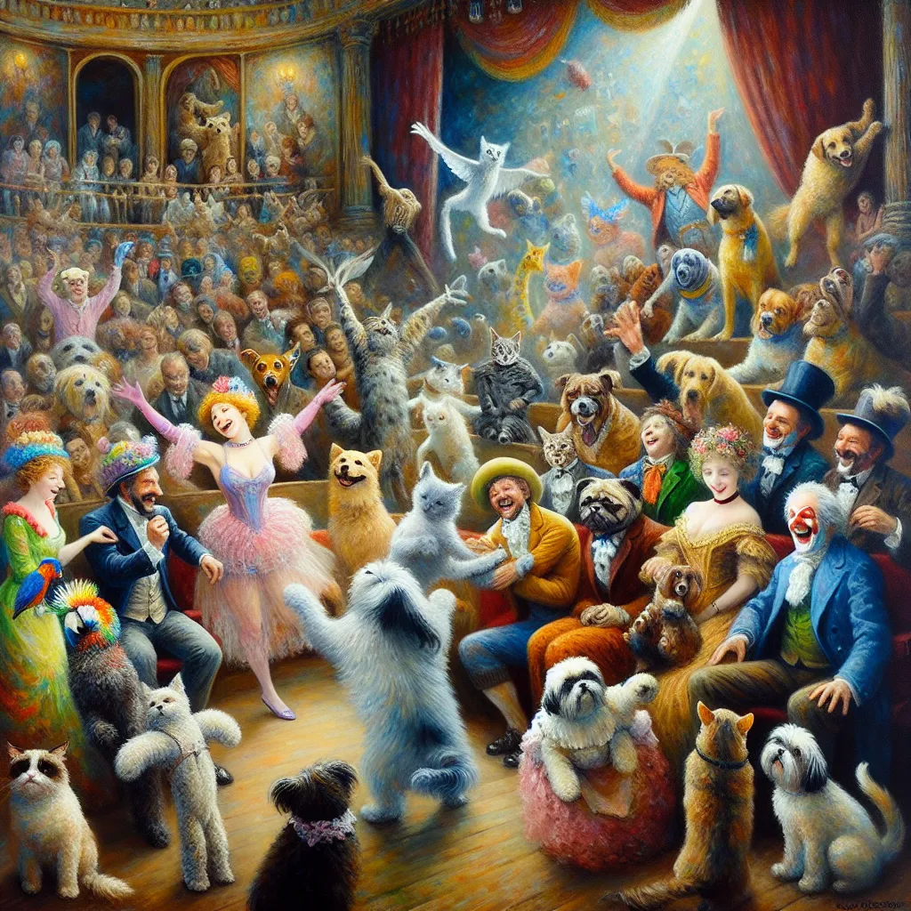 Pets, Body-Swap, Theater, Friendship, Chaos in the style of Monet