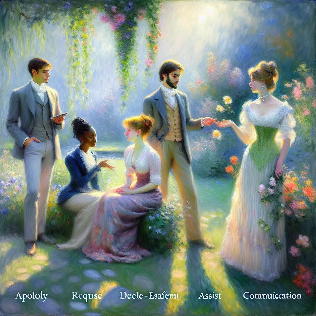 Apology, Request, Decline, Assist, Communication in the style of Monet