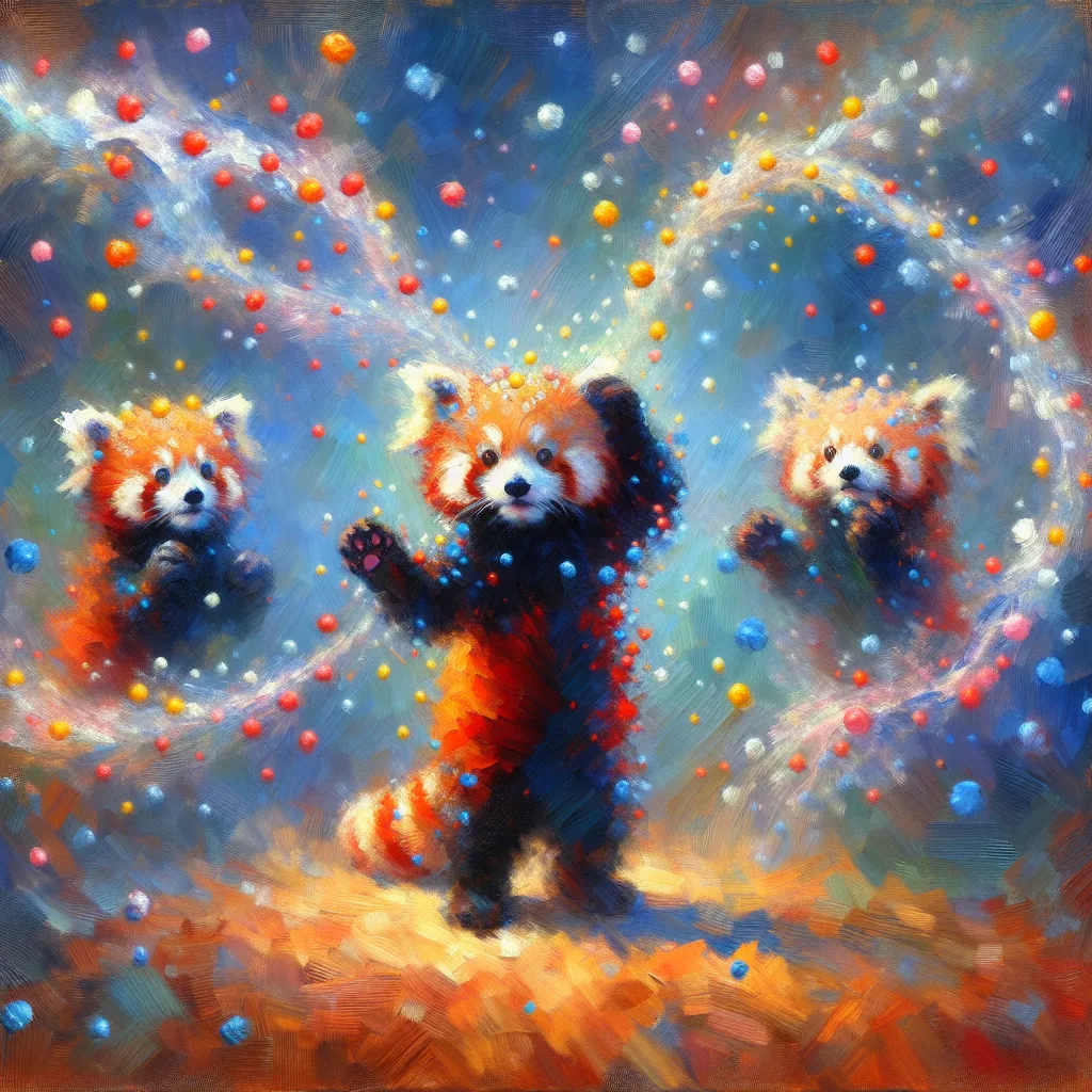 Quantum mechanics, Red pandas, Transformation, Identity, Joy in the style of Monet