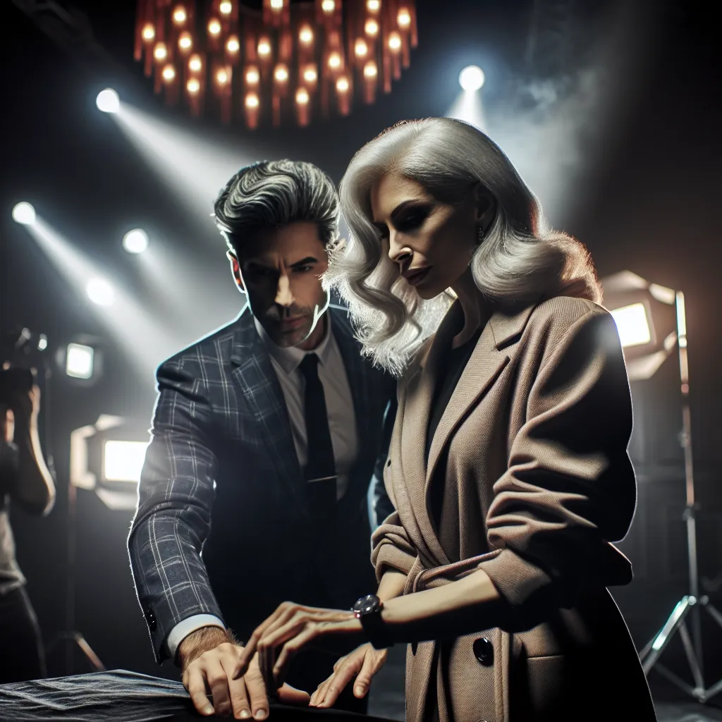A silver-haired woman and a man plan strategy in a sleek nightclub, surrounded by shadows and flashing lights. In the background, the stage is set for a mysterious and suspenseful story of intrigue and secrets in the night.