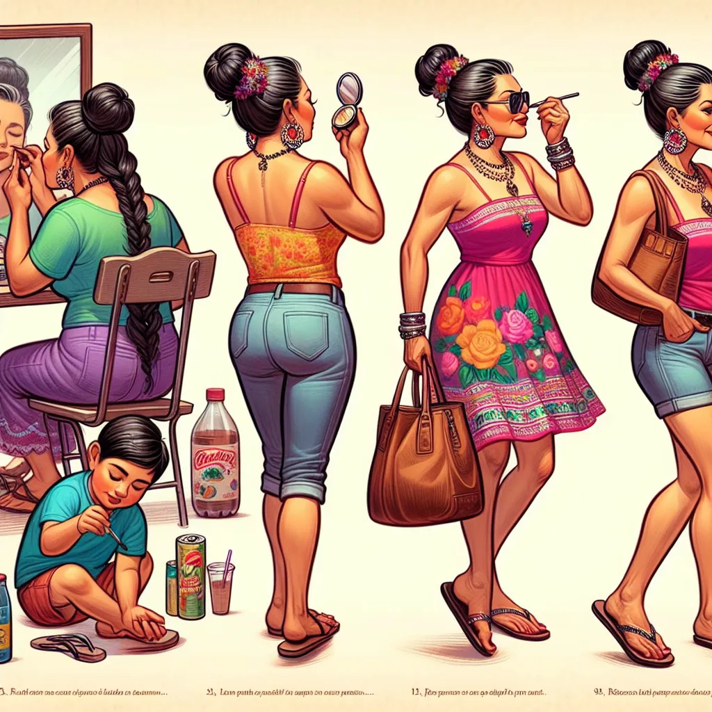 An image of Carmen, a middle-aged woman of Mexican descent, is shown going about her daily routine. She is dressed in a brightly colored tank top and denim shorts, wearing flip flops and traditional jewelry. She is seen putting on makeup, gathering her hair into a bun, and checking herself in the mirror. Carrying a large brown leather purse, she goes about her errands, shopping for groceries, interacting with people at the store, and ultimately going to the park with her son, Mateo. The image ca