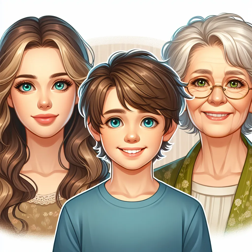An image featuring a young boy, his mother, and his grandmother. The boy has short, wavy brown hair and bright blue eyes. The mother has long, straight blonde hair and gentle green eyes, while the grandmother has short, curly gray hair and deep-set hazel eyes. They are shown in a warm and loving family setting.