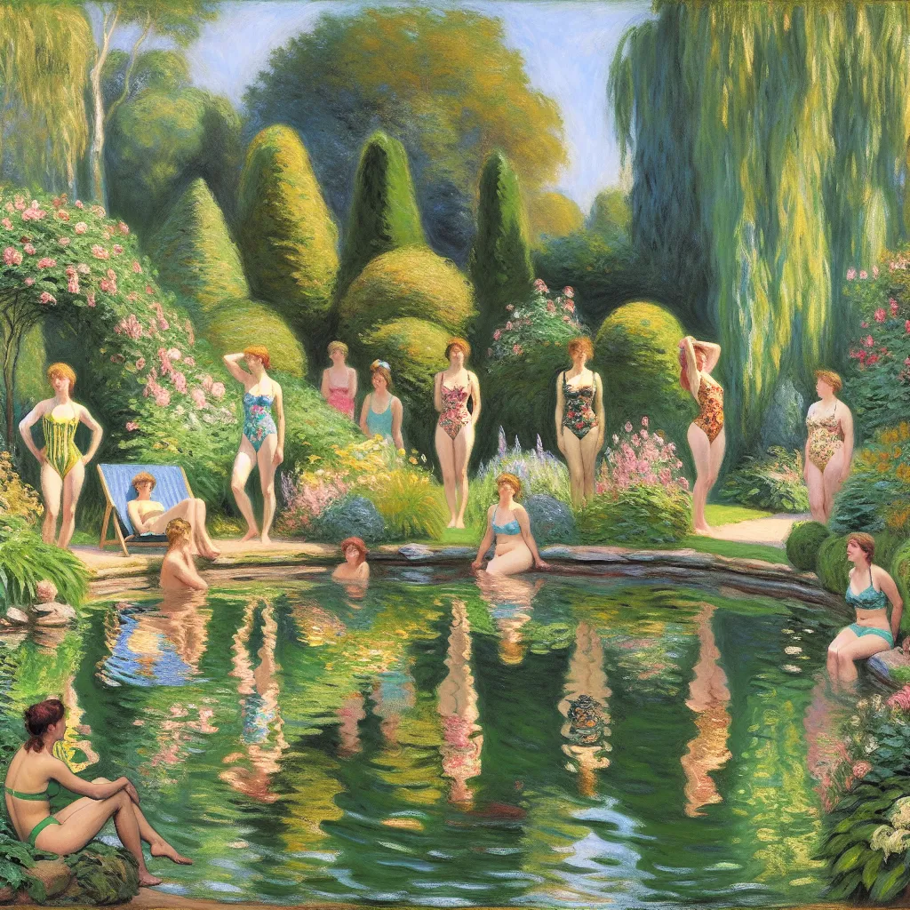 Hot tub, personality, shaking, bikini, multi-personality in the style of Monet