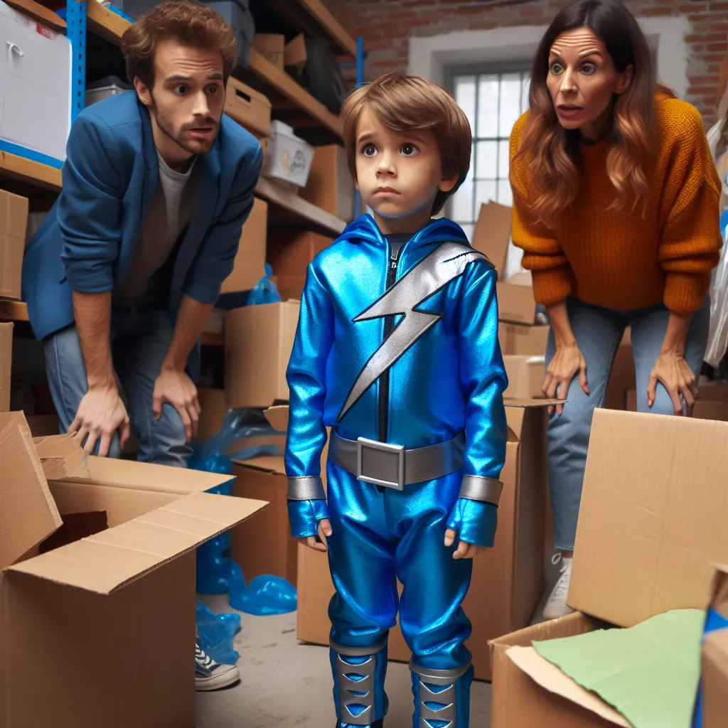 The image description for this story is: A young boy in an electric blue sundress stands surrounded by cardboard boxes in a cluttered garage. He wears a confused expression as his best friend and a woman in her mid-thirties watch with astonishment.