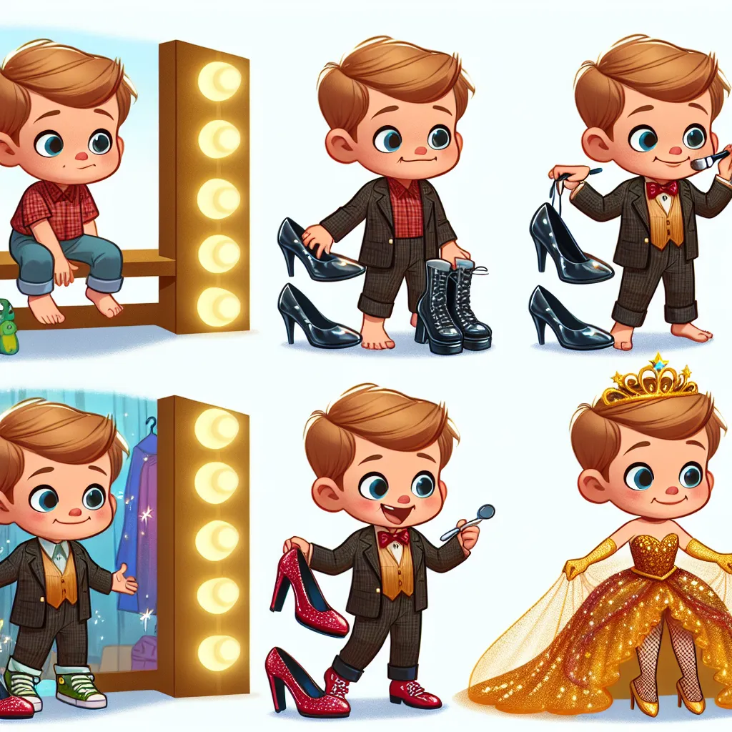 An image of a young boy named Liam undergoing a dramatic transformation into his cousin's drag persona, Sasha Fierce, as he reluctantly tries on her sparkling high heels and glamorous outfit, with each step of the process depicting the gradual change in his appearance from a curious child to a confident drag queen.