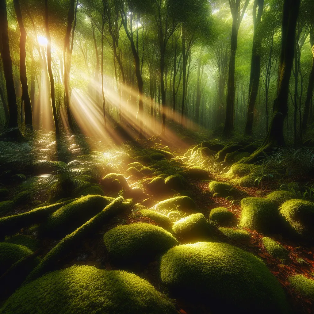 A serene forest with rays of sunlight piercing through the lush green canopy, casting a golden glow on the moss-covered ground.