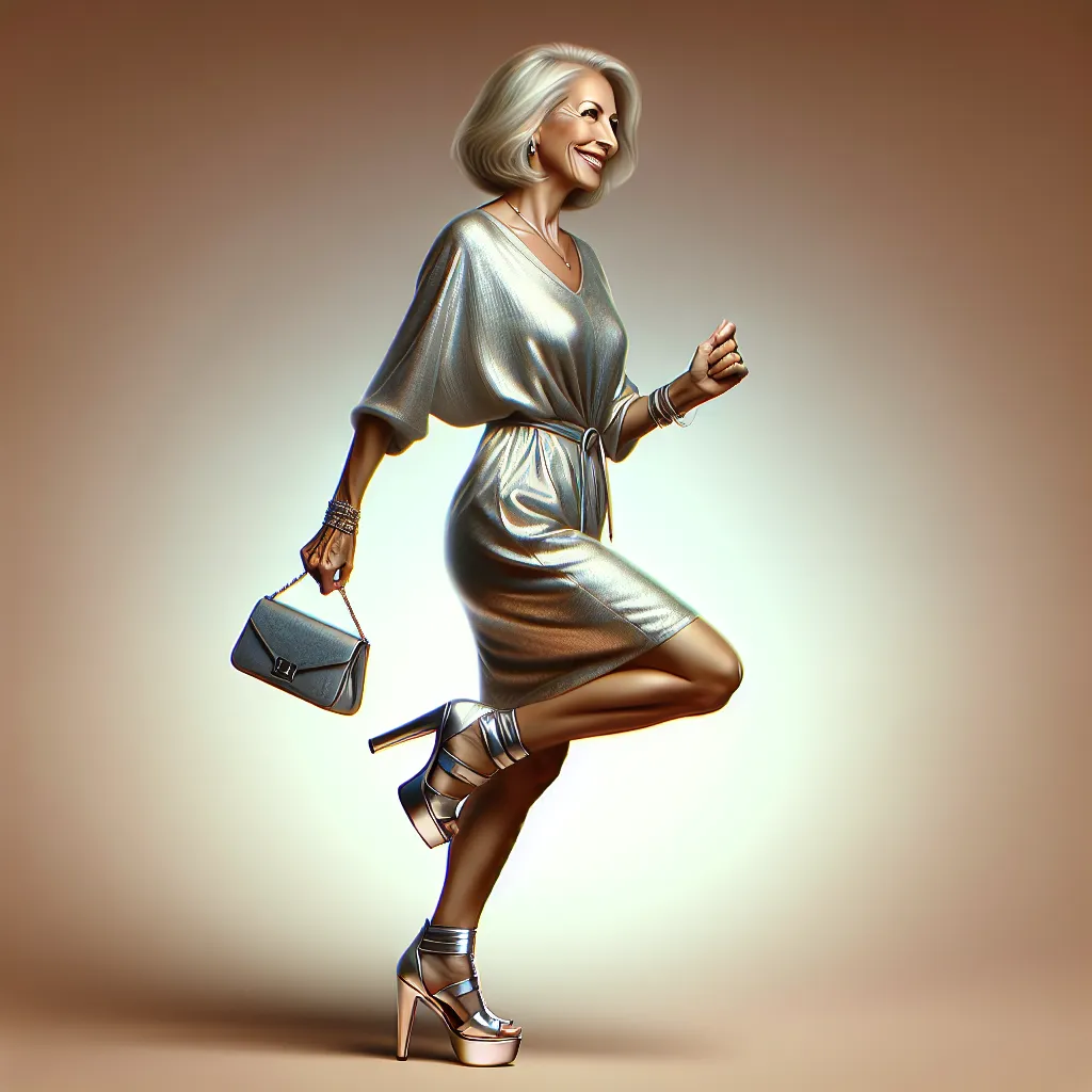 The image accompanying this story should depict Anastasia, a 60-year-old Russian woman in New York, confidently stepping forward into her new life. She should be wearing a fashionable silver dress and silver platform sandals, with a matching silver purse and accessories. Her hair should be short and blonde, and she should have a radiant smile on her face. The image should convey her sense of empowerment, readiness, and excitement for her future.