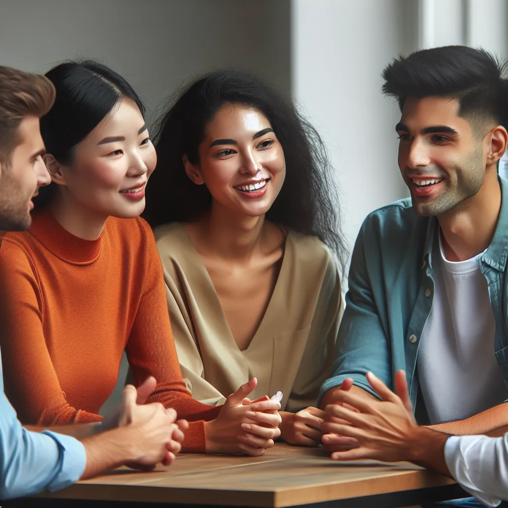 Image: A group of diverse young people sitting around a table, engaged in a lively discussion.