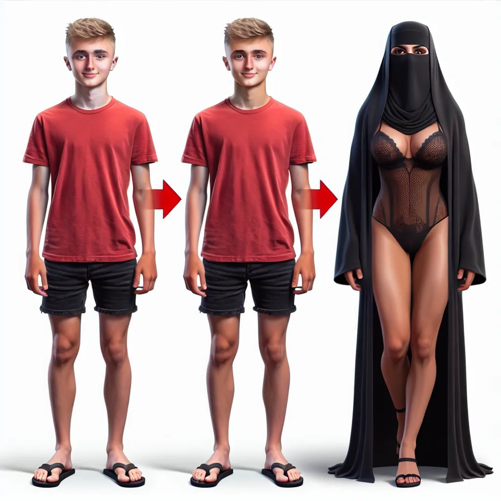 A live action 3d style photo collage montage of a little boy with blonde hair and blue eyes and a red t shirt and black shorts and a pair of feminine black flip flops on his feet slowly morphing into a slightly taller Muslim woman wearing a black niqab and black gown with tan skin and have her have brown eyes. | Write (with AI)