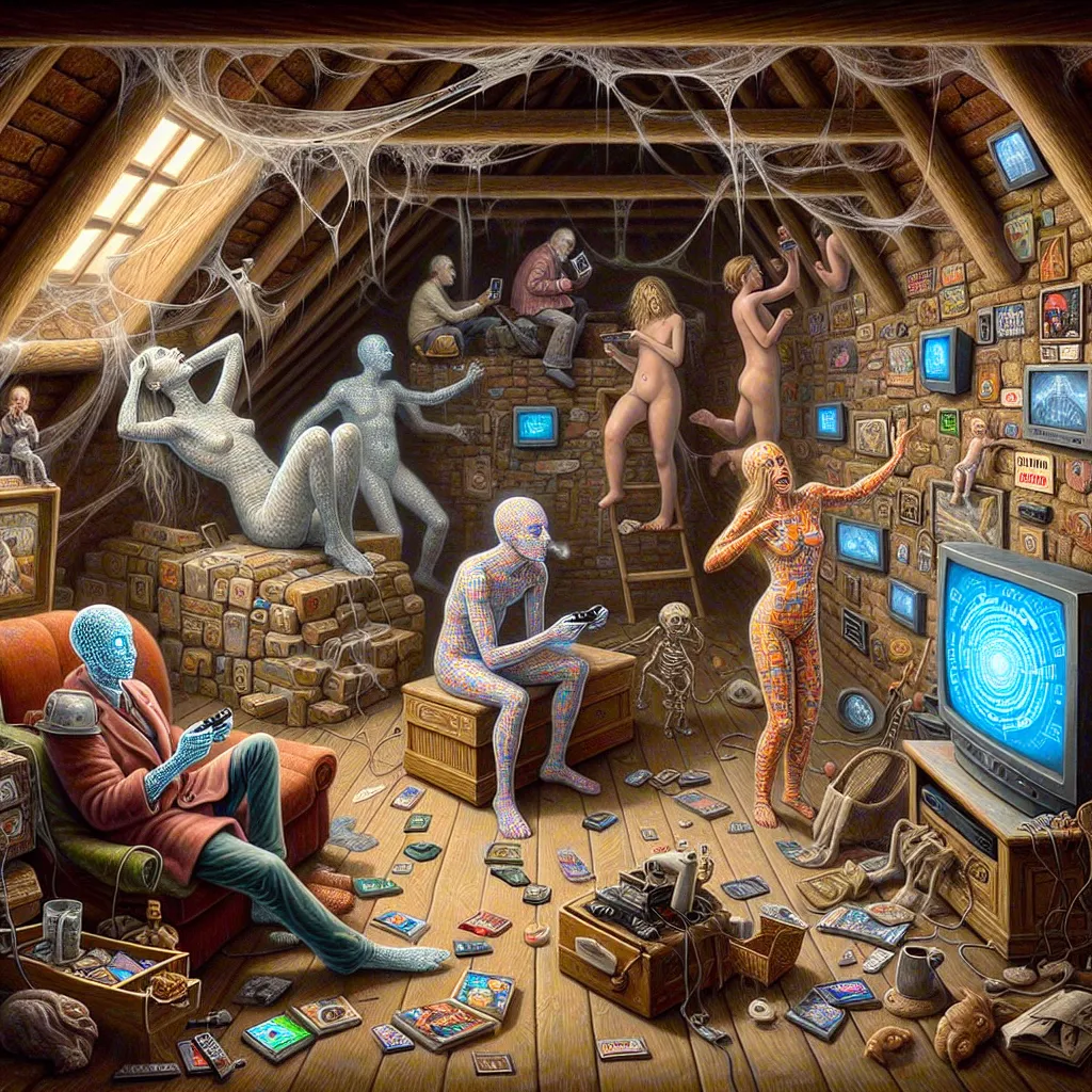 A surreal image of Brian and Stewie in an ancient attic, surrounded by cobwebs and whispered secrets. They engage in watching varicolored DVDs, amidst walls adorned with remnants of a bygone era. Meanwhile, in another part of the house, Peter, now called Pita, creates a cacophony of noise while celebrating election day and the impending onset of WW3 draft day. Meg contorts into a geometric absurdity, while Chris embraces a transcendent chan-essence. Lois, straddling a paradoxical and trifling di