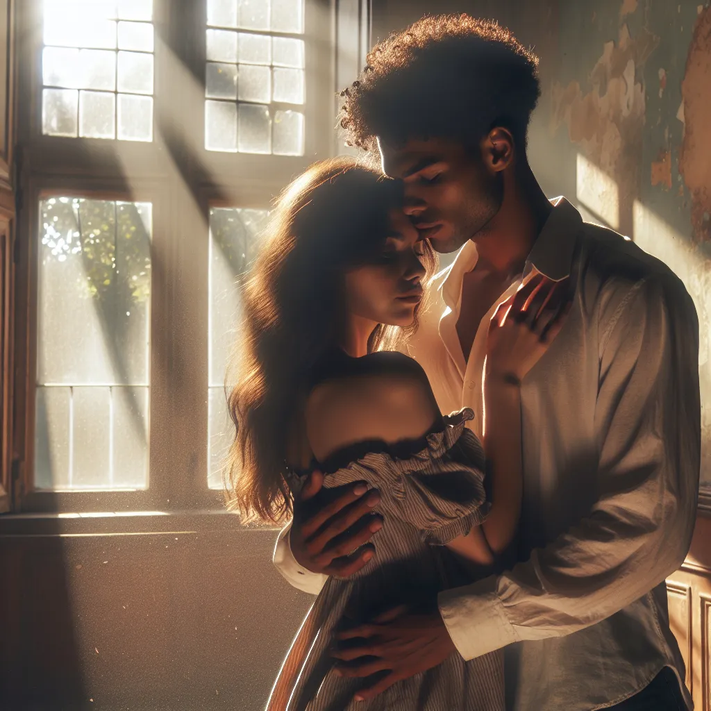 Description for the image: A young couple embracing in a sunlit room, their shadows cast against the aged walls, symbolizing the journey of love and discovery in a romance story titled "Shadows of Love."