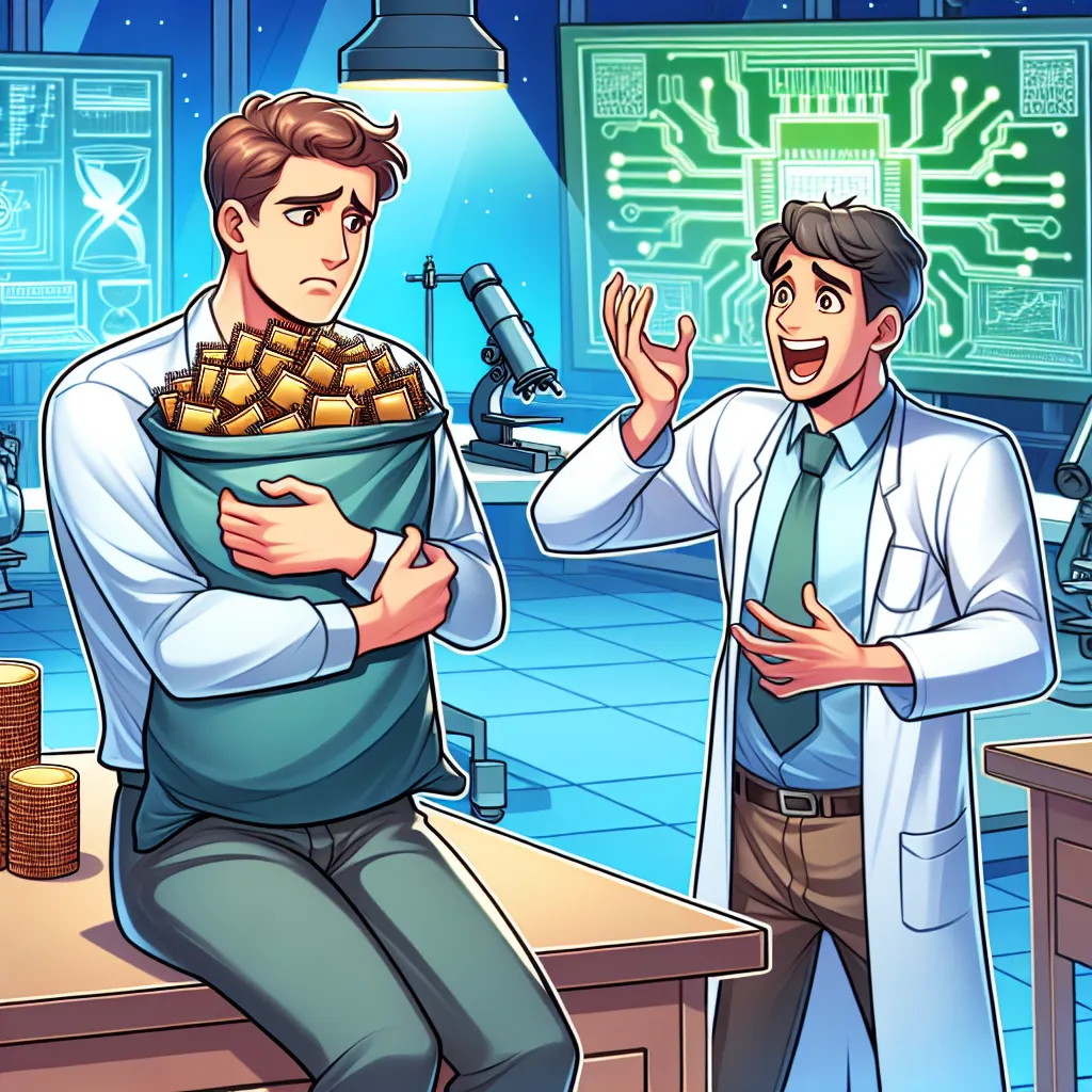 The image depicts two friends, Morty and Steve, standing in a lab, with Morty holding a bag of shiny, technological chips. They are engaged in an animated conversation, with Steve expressing enthusiasm and eagerness to try the chips, while Morty looks skeptical.