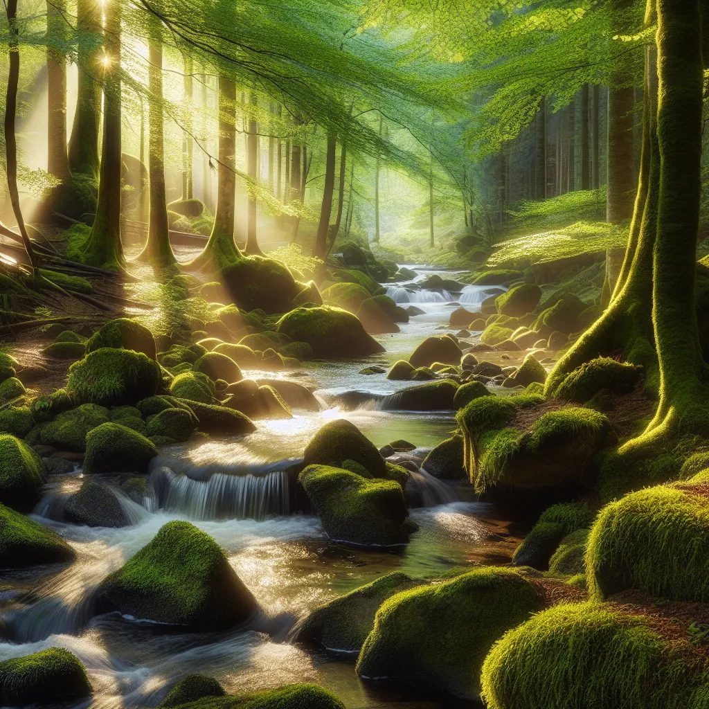 A tranquil forest scene with lush green trees, a gentle stream flowing through moss-covered rocks, and rays of golden sunlight filtering through the foliage.