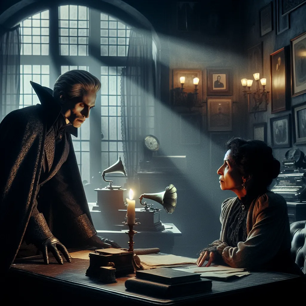 A mysterious vampire visitor interrogates Marina in her dimly lit office at the Tabula Rasa club, seeking answers about the city's nocturnal inhabitants and their secrets. Marina reflects on the faces and disappearances she's witnessed, tending to a domain of fleeting connections and hidden truths. The image will capture the enigmatic atmosphere of the club, with shadows and secrets intertwined in the pulsing heart of the city.