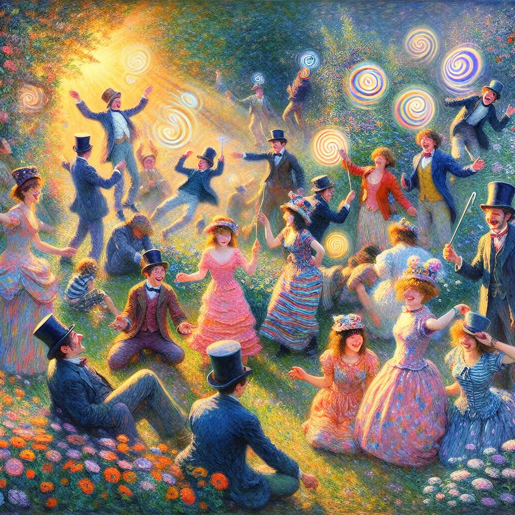 Imaginative, Prankster, Friendship, Chaos, Hypnosis in the style of Monet