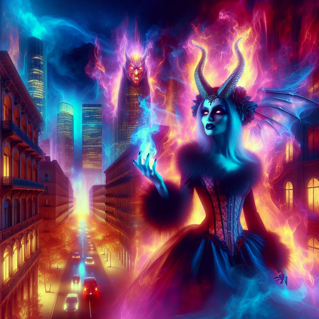 Description: A vibrant and surreal image of a gothic cityscape, bathed in ethereal neon lights. At the center stands a flamboyant and seductive figure, transformed into Angel Dust, a provocative and lustful demon.