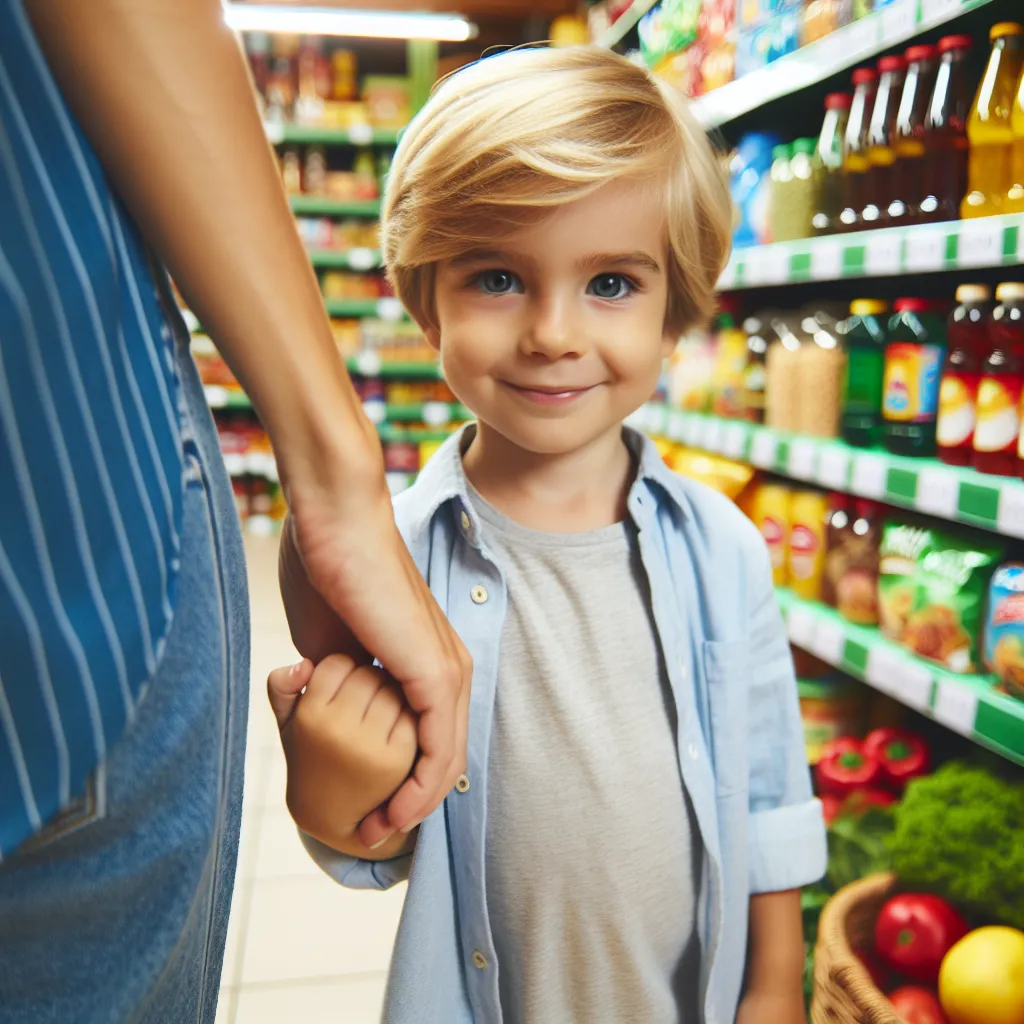 An image of a young blonde boy and his mother standing in a grocery store, with the boy holding his mother's hand tightly, surrounded by colorful products on the shelves.