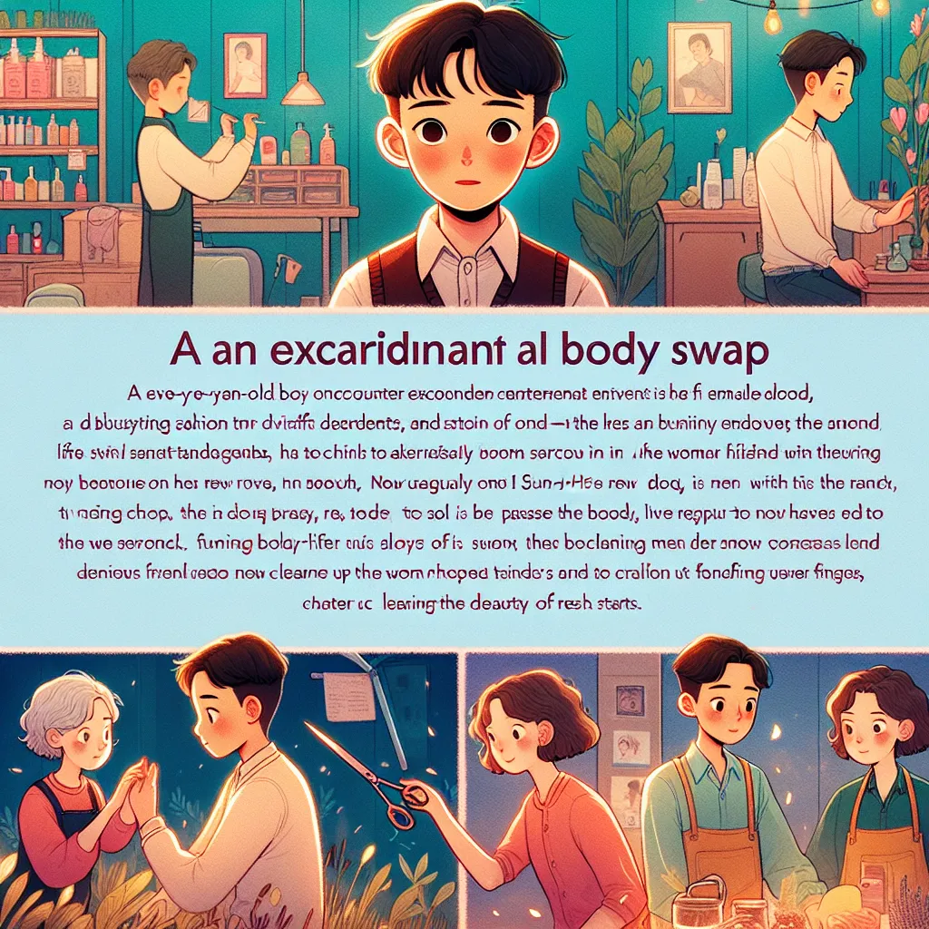 A seven-year-old boy named Oliver visits a bustling salon owned by five Korean women, leading to a magical body swap with one of them - Sun-Hee. Oliver, now in a girl's body, is tasked with cleaning the salon and must adapt to his new life. Over time, Sun-Hee fully embraces her new identity, builds relationships with her friends, and finds joy in everyday tasks and interactions. The story encapsulates themes of self-discovery, resilience, love, and the beauty of new beginnings.