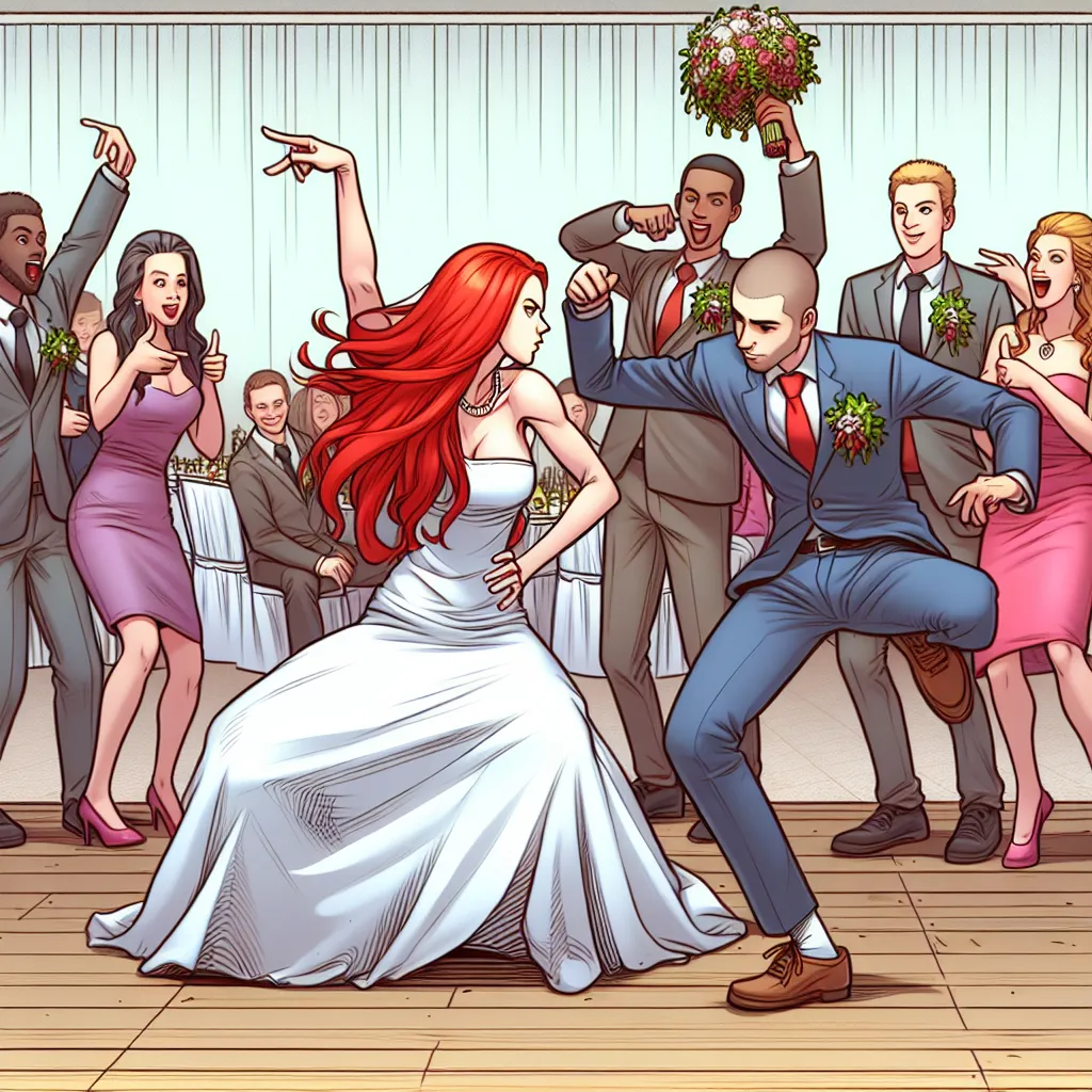 The image accompanying this story is an illustration of a wedding ceremony gone awry. It features a bride, who is actually the best friend Mick disguised as a redhead, rapping Ludacris lyrics and twerking on the dance floor. The groom and the guests are shown laughing and reacting with surprise and amusement. The scene captures the unexpected joy and humor of the unforgettable wedding.