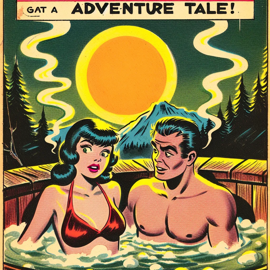 The image accompanying this adventure story is a couple sitting in a bubbling hot tub, surrounded by steam, as the sun sets in the background. The wife's face is contorted in pain and her eyes are glazed over, while her body language exudes a newfound confidence. The husband looks on in horror and disbelief, realizing that his wife's body has been possessed by a middle-aged man. Both characters are dressed in swimsuits, with the husband expressing determination and the possessed wife exhibiting 