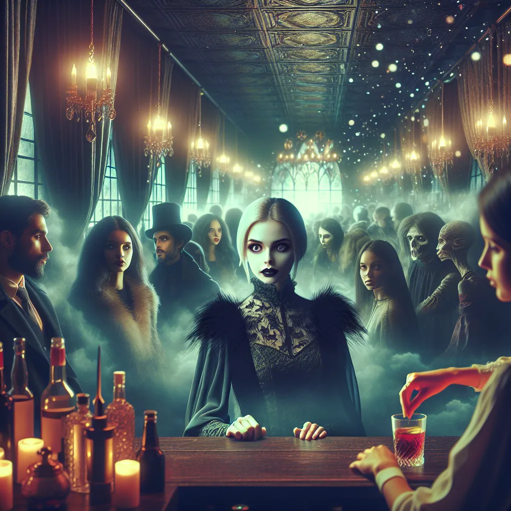 An image of a dimly lit, crowded nightclub featuring various supernatural beings mingling and interacting. A bartender, Tasha, with a kind expression, is seen pouring drinks behind the bar. In the corner, a petite vampire named Mireille, dressed elegantly in black, stands out from the crowd, her distressed expression conveying a sense of urgency. The atmosphere is filled with an eerie yet welcoming ambiance, capturing the essence of the horror genre in this tale of compassion and refuge for the 