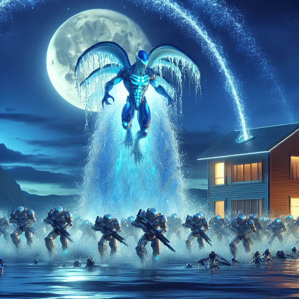 The image is of Angel, transformed into the blue and white amphibious alien Overflow, blasting high-pressure streams of water at a swarm of robots descending on his home. His house is in the background, with the moonlight illuminating the metallic exteriors of the robots.