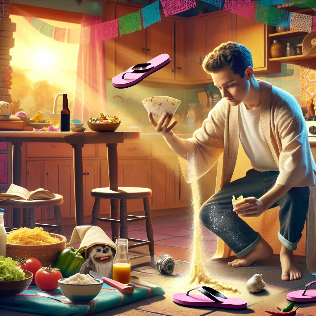 An image of a young white boy named Ethan James Walker at a sleepover, scrambling to clean up a spilled burrito in a sunlit kitchen filled with ingredients for a fiesta, as the pink flip-flops of his friend's mother, Mrs. Hernandez, begin to magically change his appearance into hers.