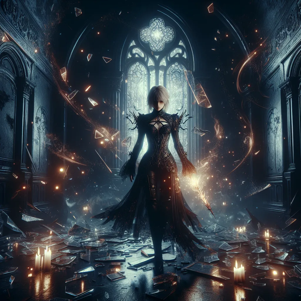 A mysterious scene featuring Magik in a room filled with shattered glass fragments and remnants of dark energy, awaiting the return of Wanda.