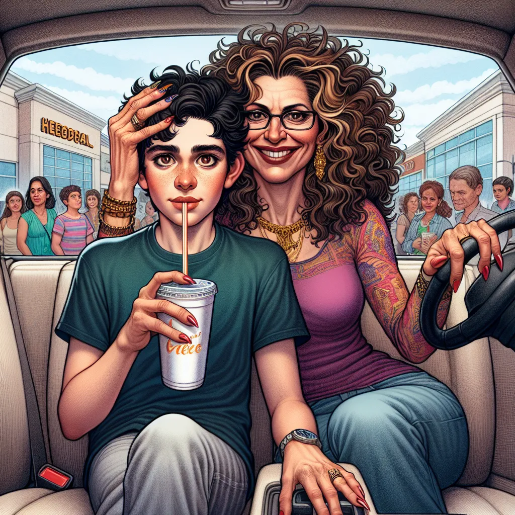 Image Description: The image depicts two people, a teenage boy and a middle-aged woman, sitting side by side in a car. The teenage boy, Jared, is in the body of his middle-aged mother, while his best friend, the narrator, is in his own body. Jared's mother, now in Jared's body, wears a mischievous grin as she clutches a beer in one hand. The car is parked in front of a shopping mall, and in the background, people can be seen walking past storefronts. Jared's mom's curly hair spills over her face