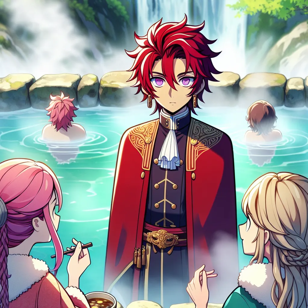 An image of Naruto, his appearance transformed with bright red hair and captivating violet eyes, standing hesitantly in a steam-filled hot spring with Sakura and Ino. His body has been magically changed to that of a woman, but only he is aware of the drastic alteration as his friends remain oblivious, chatting casually.