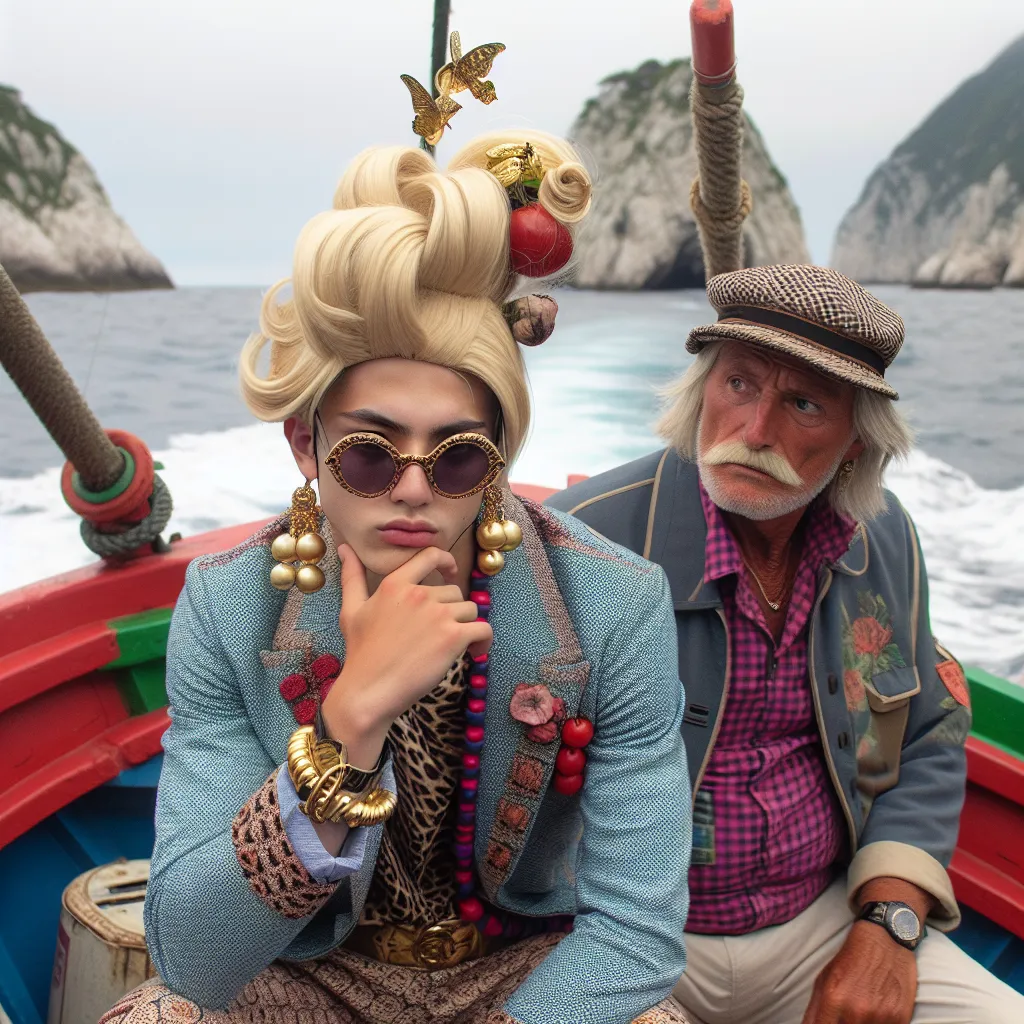 A fishing boat off the Italian coast, with two friends—Vinny and Tony. Tony, transformed into the sultry diva Emilia, wears a sleek one-piece swimsuit and designer accessories, while Vinny looks on, amused and bewildered.