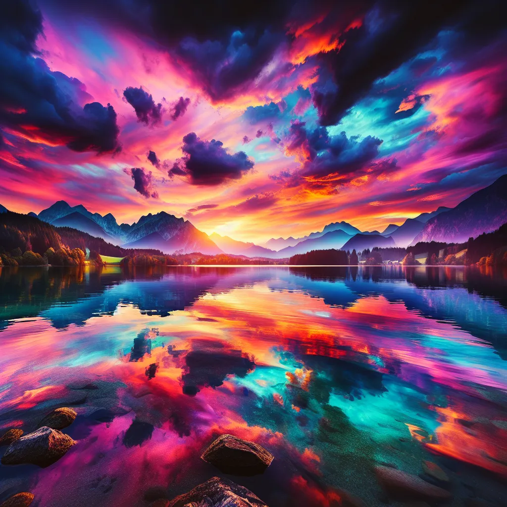A vibrant sunset colors the sky above a peaceful lake with a reflection of the mountains in the calm waters.