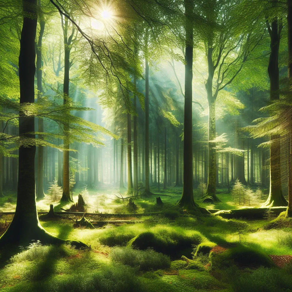 A tranquil forest scene with lush green trees and rays of sunlight filtering through the branches.