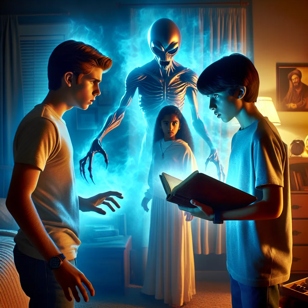 A teenage boy and his younger self stand in a bedroom, ready to battle a menacing time-controlling alien, while a girl with a spellbook watches on. The room is illuminated by the blue and orange silhouettes of their alien forms, as they engage in a fiery showdown with the villain.