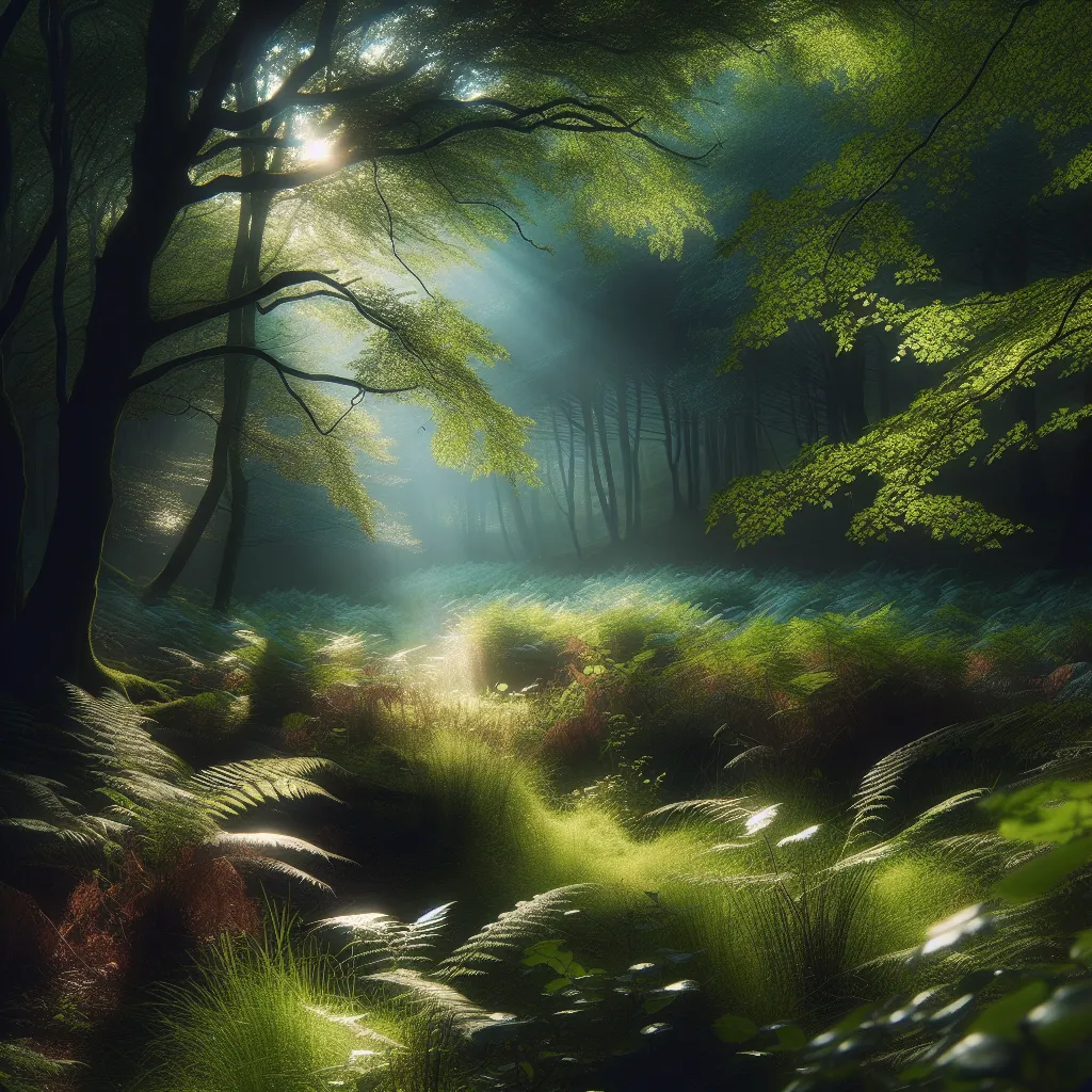 Lush, green forest with sunlight streaming through the tree branches, creating a serene and tranquil atmosphere.