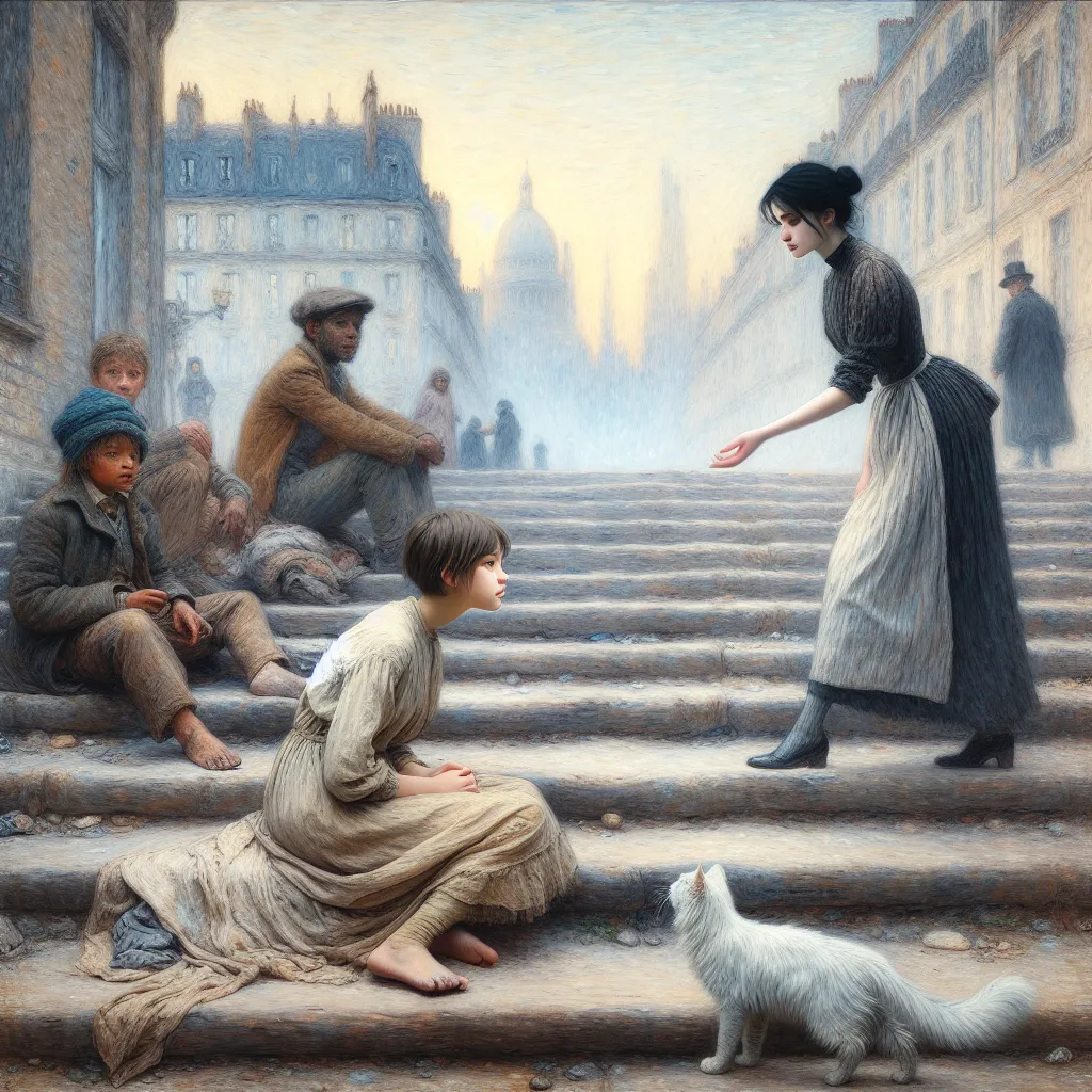 Madoka, Dawn, Kyubey, Homelessness, Transformation in the style of Monet