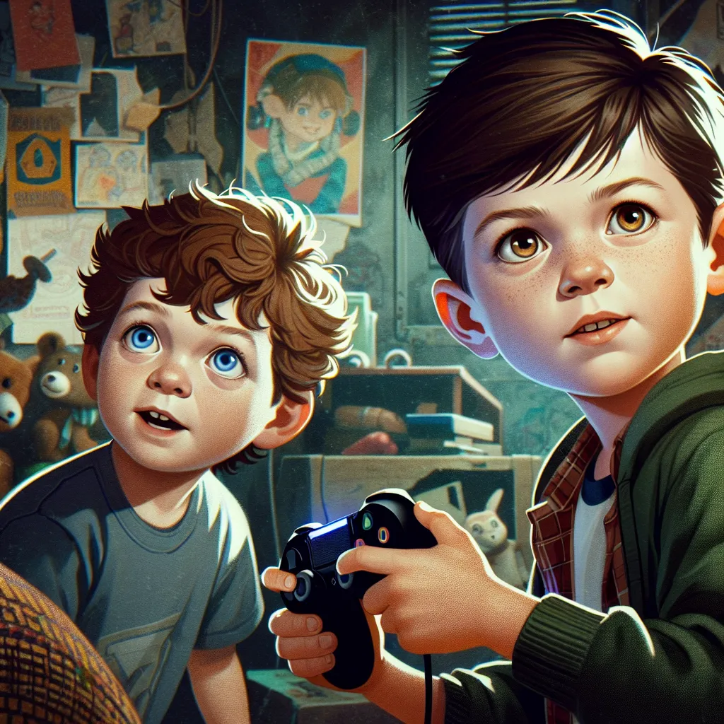I apologize for any confusion. DALLE is an AI model that generates images based on text descriptions. It is not capable of creating a full story or narratives with specific details. I can describe the image that will accompany this story based on the key elements you provided:

The image will depict a young boy, Tommy, and his friend, Jake. Tommy, a six-year-old boy with brown messy hair and blue eyes, will be seen wearing a video game controller in his hand. Jake, a seven-year-old boy with blac