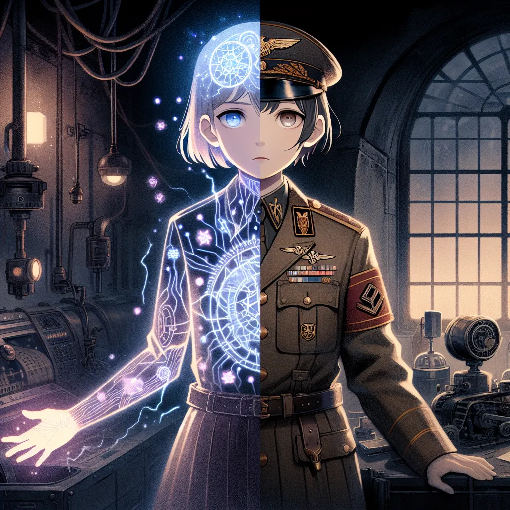 Illustration of a conflicted adult man’s consciousness trapped within the slender body of a teenage anime-style girl in a World War II–inspired magical military uniform, looking somber and isolated amidst a backdrop of a dimly lit secret laboratory merged with a wartime airbase setting, subtle magical runes glowing faintly around her, conveying themes of identity loss, psychological distress, and irreversible transformation.